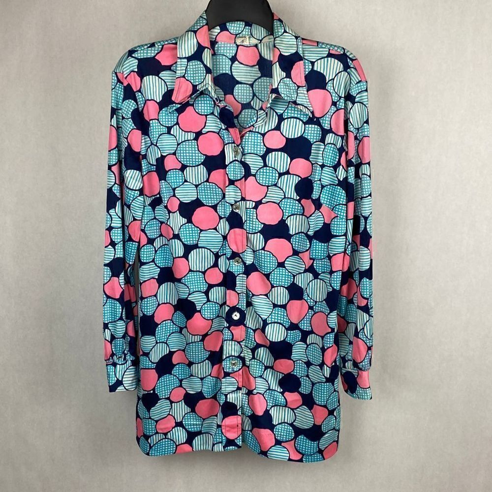 Perfection Fit by Roxanne’s VTG Shirt Button Down Medium Circles Dots Blue Pink